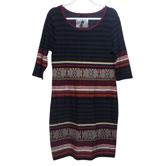 Peruvian Connection Striped Fairisle Knit Pima Cotton 3/4 Sleeve Dress Size L - Picture 1 of 8